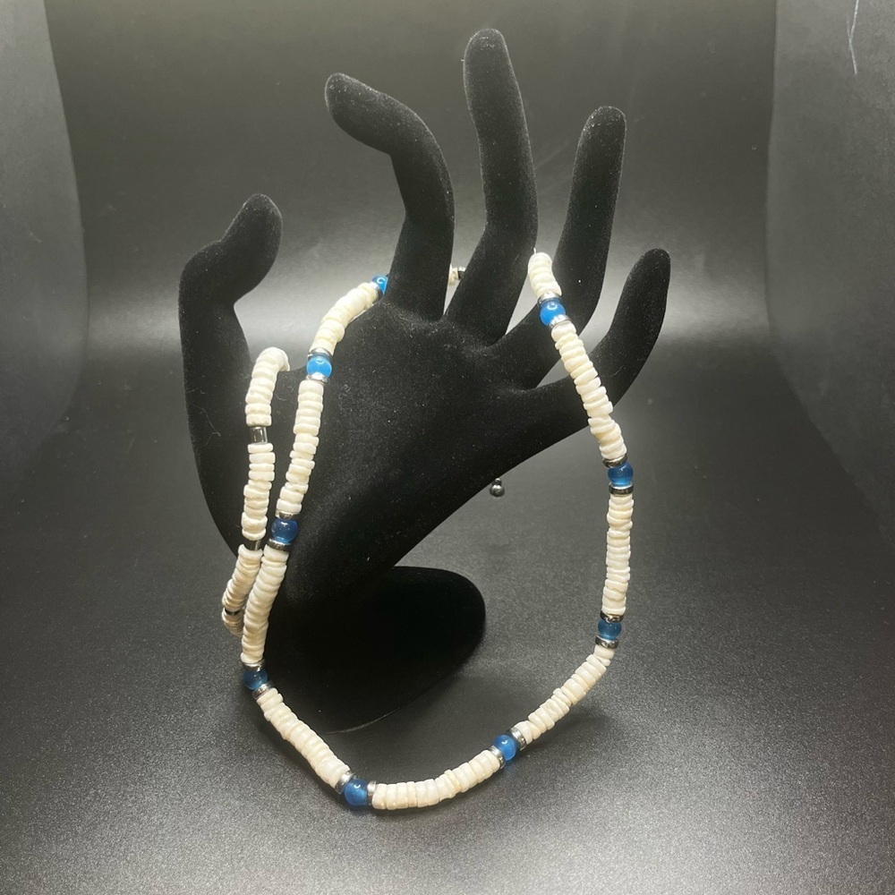 natural stone heishi necklace & bracelet set| white stone blue bead boho jewelry
